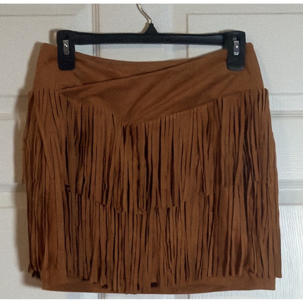 Halara Women's Size Medium Brown Fringe Boho Short Skirt Elastic Waist Stretch